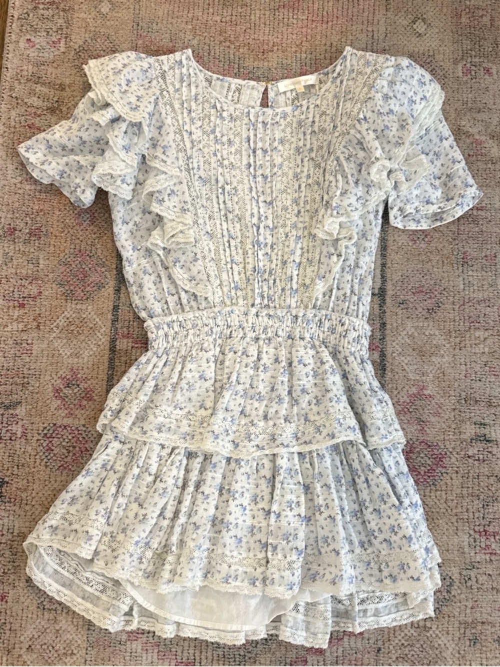 LoveShackFancy White and Light Blue Floral Ruffle Dress for Kids